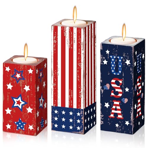 Suzile 3 Pcs 4th of July Decorations Memorial Day Wooden Candle Holders Patriotic Table Centerpieces Red White Blue Tabletop Sign for 250th Anniversary Independence Day Indoor Home Decor(Firework)