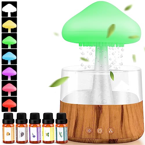 Image of Mriykio Rain Cloud Humidifier Water Drip, Mushroom Diffuser with 5 Essential Oils, Raining Night Light 7 Changing Colors, Desk Bedside Lights for Sleeping Relaxing Mood