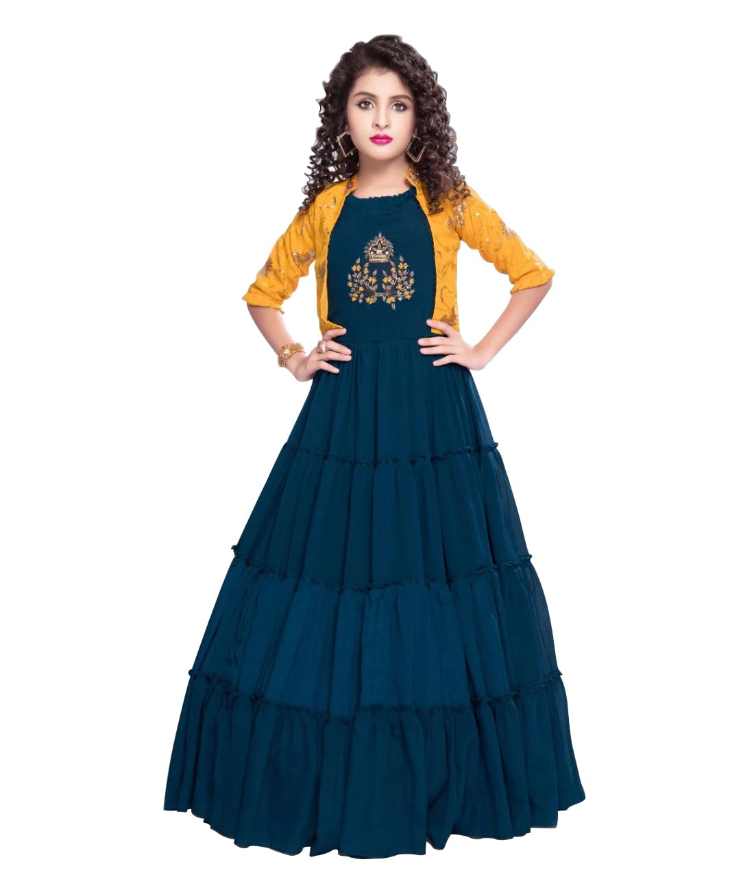 White Button New Jacket Latest Kids Gown for Girls Maxi Dress Dark