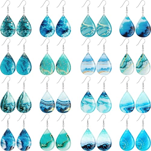 16 Pairs Acrylic Beach Summer Earrings Ocean Teardrop Hawaiian Tropical Dangle Earrings Bulk Gift for Women Jewelry