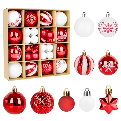 ZALAON Weihnachtskugeln Rot Weiß Kunststoff，44 Stück Weihnachtsbaumkugeln Christmas Balls Weihnachtsbaumkugeln mit Aufhänger, Weihnachtsbaumschmuck Weiß Rot für Weihnachtsdeko