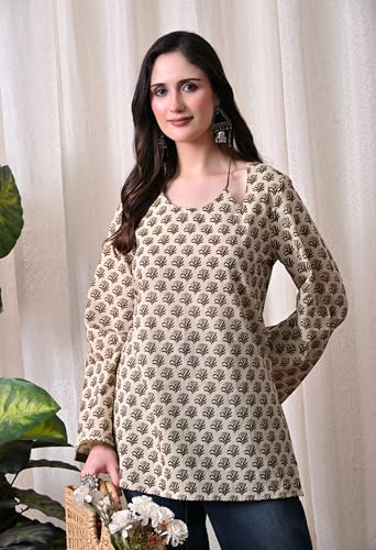Image of MEERA FAB Women Cotton Printed A-Line Tunic Top with Square Neck | Floral Printed Halter Strap Detail & Bell Sleeves | Short Kurti for Women