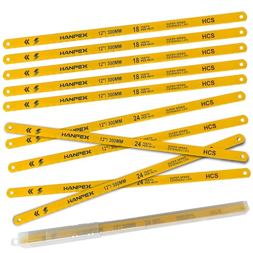 Hanpex Hacksaw Replacement Blades Set (10 Pack) High Speed 12 Length Hack Saw Blade - High Carbon Steel (HCS) Cutting Blades