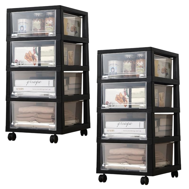 Image of Kuber Industries 5 Layer Cosmetic Cabinet with Trolley|5-Tier Rolling Cart|Shelf Stand With Drawer|Pack of 2|Black