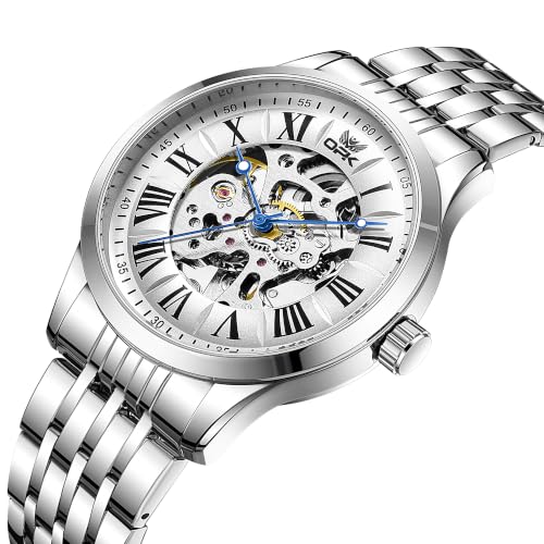 Image of OPK Men's Automatic Mechanical Watch Skeleton Black Dial with Roman Numerals Silver Stainless Steel Bracelet Waterproof Luxury Dress Wristwatch