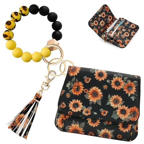 Image of Keychain Wallet for Women,RFID Wristlet Wallet with Beaded Strap | Tri-Fold Design,6 Card Slots,ID Window,Zipper Coin Pocket,Lightweight Carry