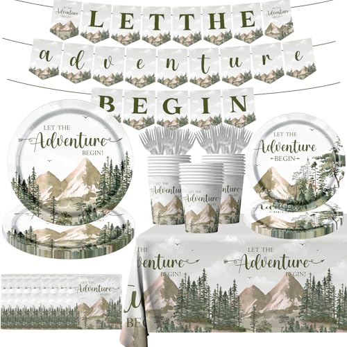 Adventure Awaits Baby Shower Tableware Let The Adventure Begin Party Decoration Includes Disposable Paper Plates Tablecloths Travel Themed Party Decorations for Baby Shower Birthday Party