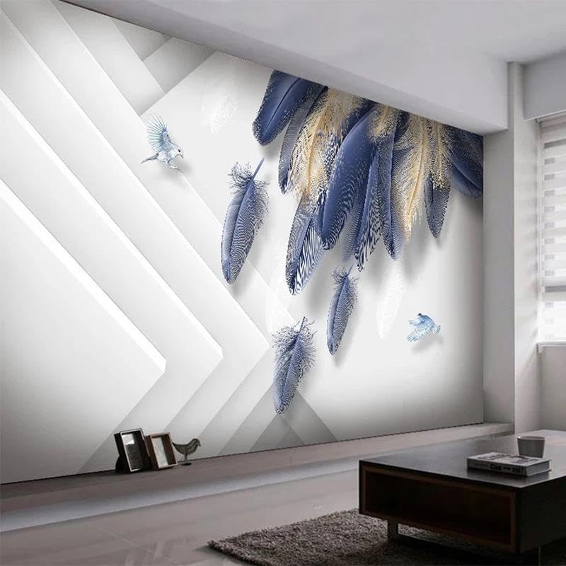 Papier peint plumes 3D bleu et or autocollant lavable en PVC pour salon