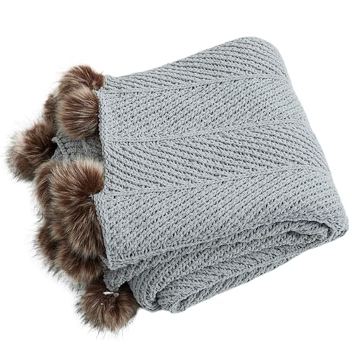 Plaid tricoté grosse maille chenille jeté de canapé chaud avec pompon - 2