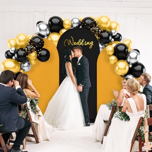 Double Color Wedding Arch Cover Set of 3 7.2ft 6.6ft 6ft Spandex Fitted Arch Stand Covers with Balloons Party Sign Round Top Backdrop Cover for Wedding Birthday Party Bridal Baby Shower (Black+Gold) by Lonfliness - Used condition - Image 5