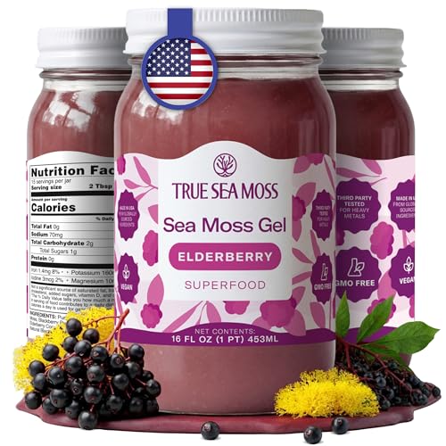TrueSeaMoss Sea Moss Gel Made in USA Wildcrafted Seamoss Fresh Fruits & Jarred Vegetables Elderberry Pack of 1 (Labels May Vary)