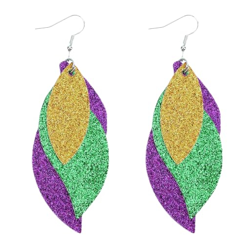 Mardi Gras Earrings for Women Leather Acrylic Earrings for Fat Tuesday Celebration Mardi Gras Parade Accessory Gifts (Leather Leaf)