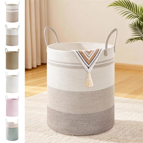 Image of 53L Tall Cotton Rope Laundry Basket with Handles, Brown Striped