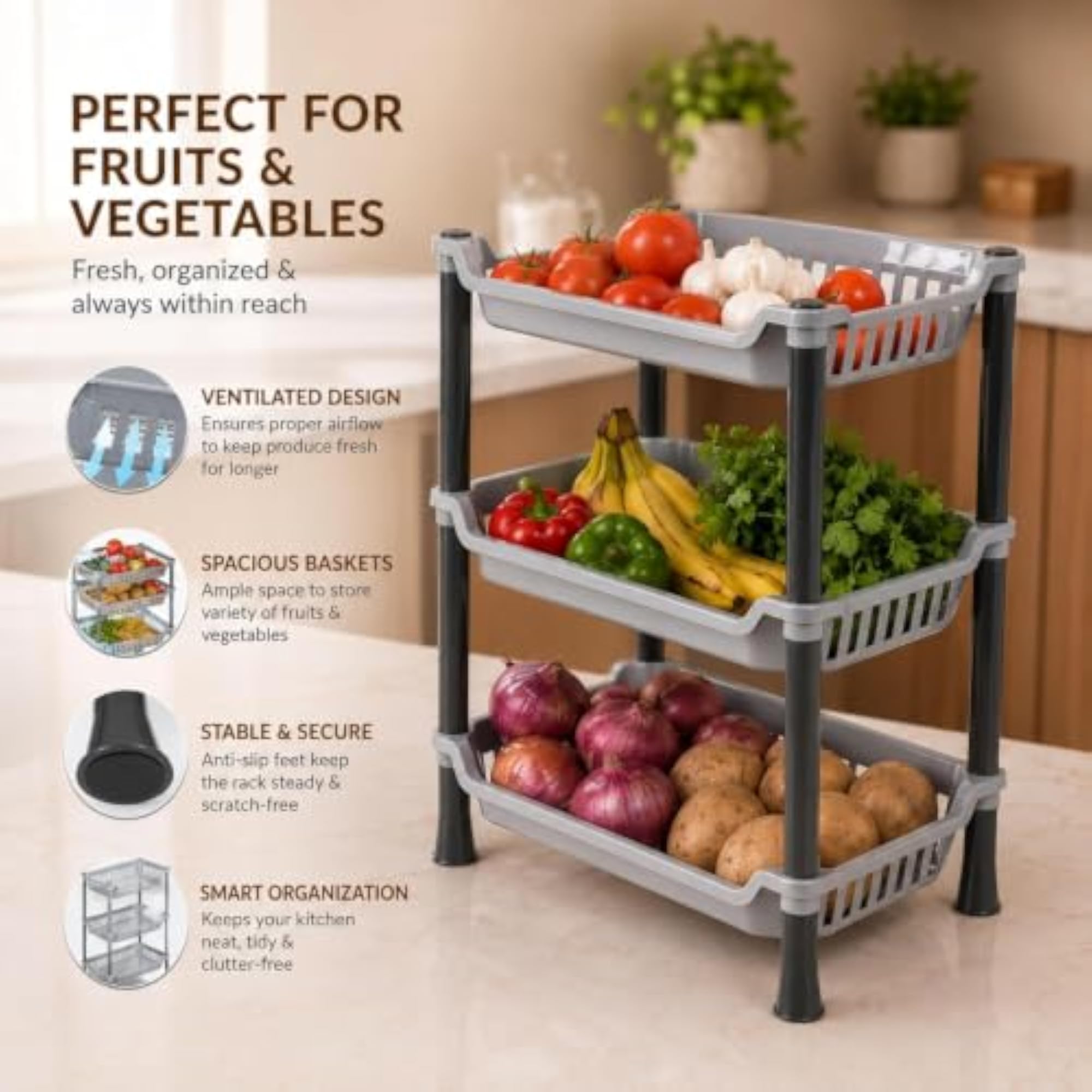 3-Tier Kitchen Storage Rack, Plastic Vegetable & Fruit Organizer Shelf