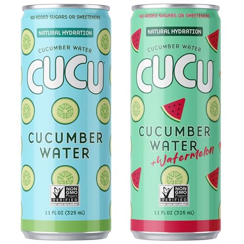 CUCU Cucumber Water, Cucumber and Watermelon Water Variety – Natural Hydration with Electrolytes, Vitamin C &amp; Antioxidants – No Sugar Added – Non-GMO, Vegan – 24 Pack, 11 fl oz Cans, Low Calorie