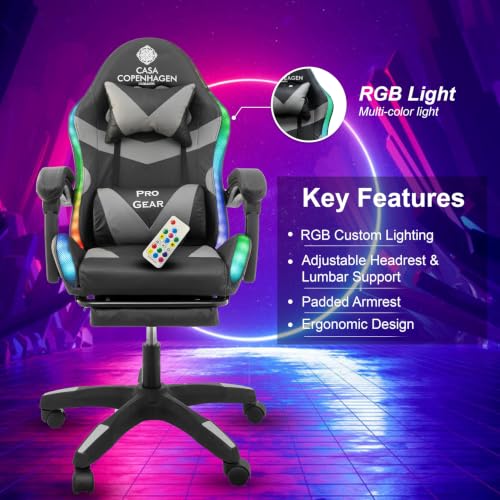 Image of Casa Copenhagen Designed in Denmark,High-Back Italian Leather Gaming Ergonomic Chair with Advanced Mechanism with LED Light & Electric Back Massager, Memory Foam Seating - Grey & Black