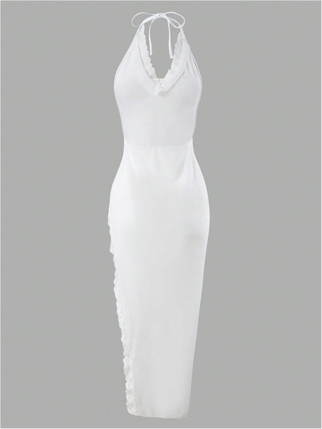 OYOANGLE Women's Beach Cover Up Lace Trim High Slit Sleeveless Halter Sheer Long Swim Dress Swimwear - Image 3