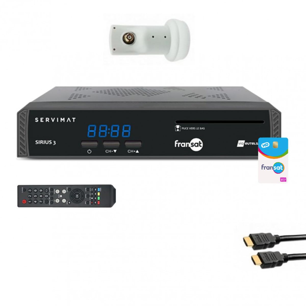 Pack SERVIMAT Récepteur TV Satellite HD + Carte Fransat PC7 + Câble HDMI + LNB Single