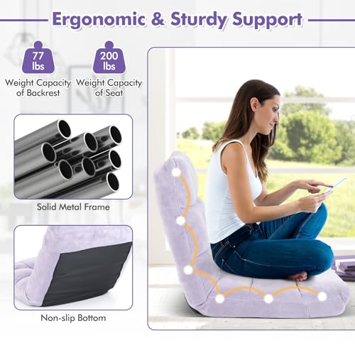 Image of COSTWAY Floor Chair, Video Gaming Chairs with Back Support, Adjustable 14-Position, Alloy Steel Frame, Soft Coral Fleece, Lazy Sofa Lounge for Reading Living Room Recliner for Adults Kids (Lavender)