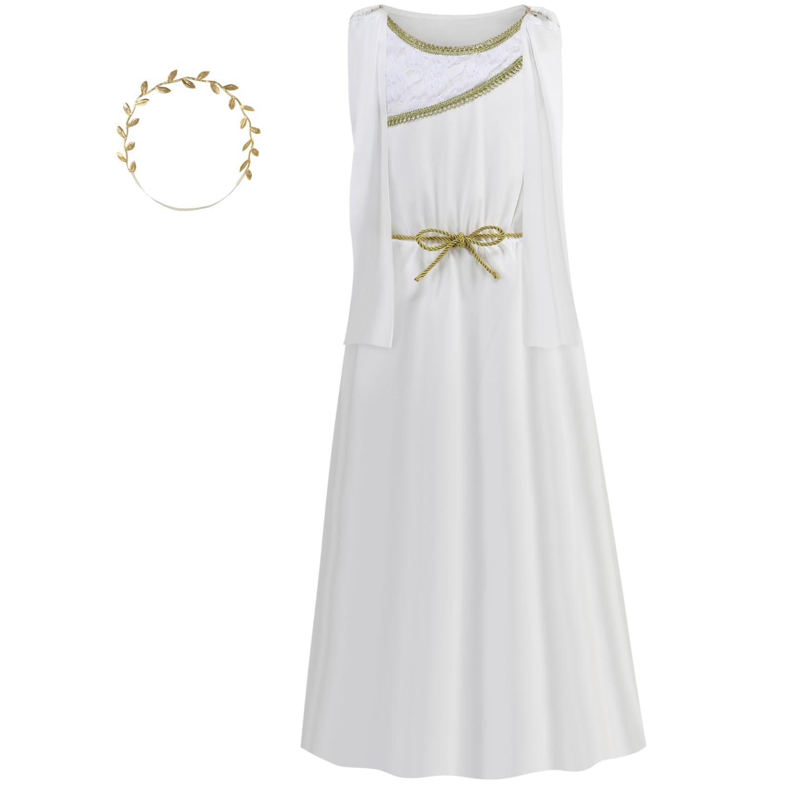 maxToonrain Ancient Greek Goddess Girls Costume 2 PCS Kids Roman Sleeveless Costume with Golden Browband for World Book Day Christmas Halloween (Medium,120 CM)