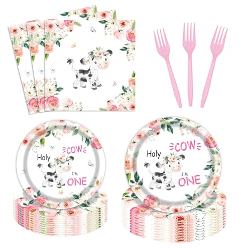 96PCS Holy Cow I'M One Birthday Party Supplies for Girl Cow First Birthday Party Tableware Set Includes 9'' Plates 7'' Plates Napkins Forks Floral 1st Bday Party Decorations 24 Guests Party Kit