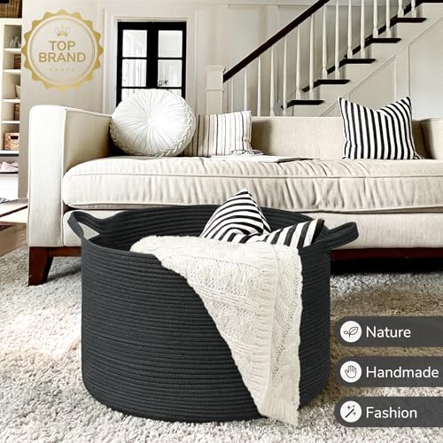 Image of INDRESSME XXXLarge Blanket Basket 21.7 inch x 21.7 inch x 13.8 inch Woven Storage Baskets Soft Cotton Rope Toy Baskets Storage Kids Decorative Laundry for Home, Perfect for Living Room, Black