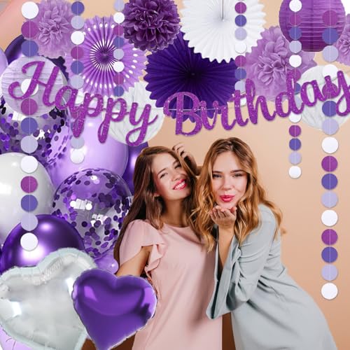 Image of Purple Birthday Decorations for Women Girls,Happy Banner,Lilac Paper Lanterns Tissue Pom Poms Flower Fan,Purple White Balloon Decor For 40th 50th Anniversary Princess Backdrop Party Supplies