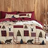 Wake In Cloud - Rustic Comforter Set, Cabin Western Christmas Holiday Country Theme with Bear Deer Lodge Patchwork, Soft Lightweight Bedding, 3 Pieces, Burgundy Brown, King Size