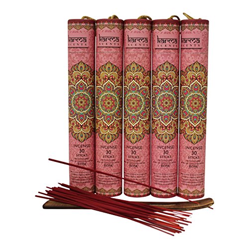 Karma Scents Premium Rose Incense Sticks, 5 Set Gift Pack with a Free Holder in Each Box. Includes 150 Sticks and Five Incense Burners | Perfect for Home Decor and Gifts.