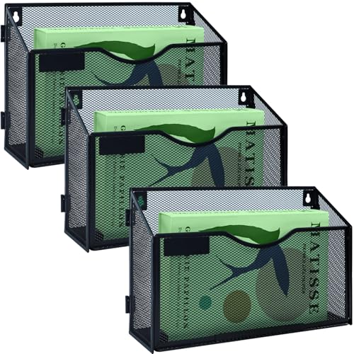 IOUGDSEC Lot de 3 porte-documents muraux en maille A4 à suspendre au format A4, porte-revues, documents, courrier et magazines, rangement en maille métallique durable, noir