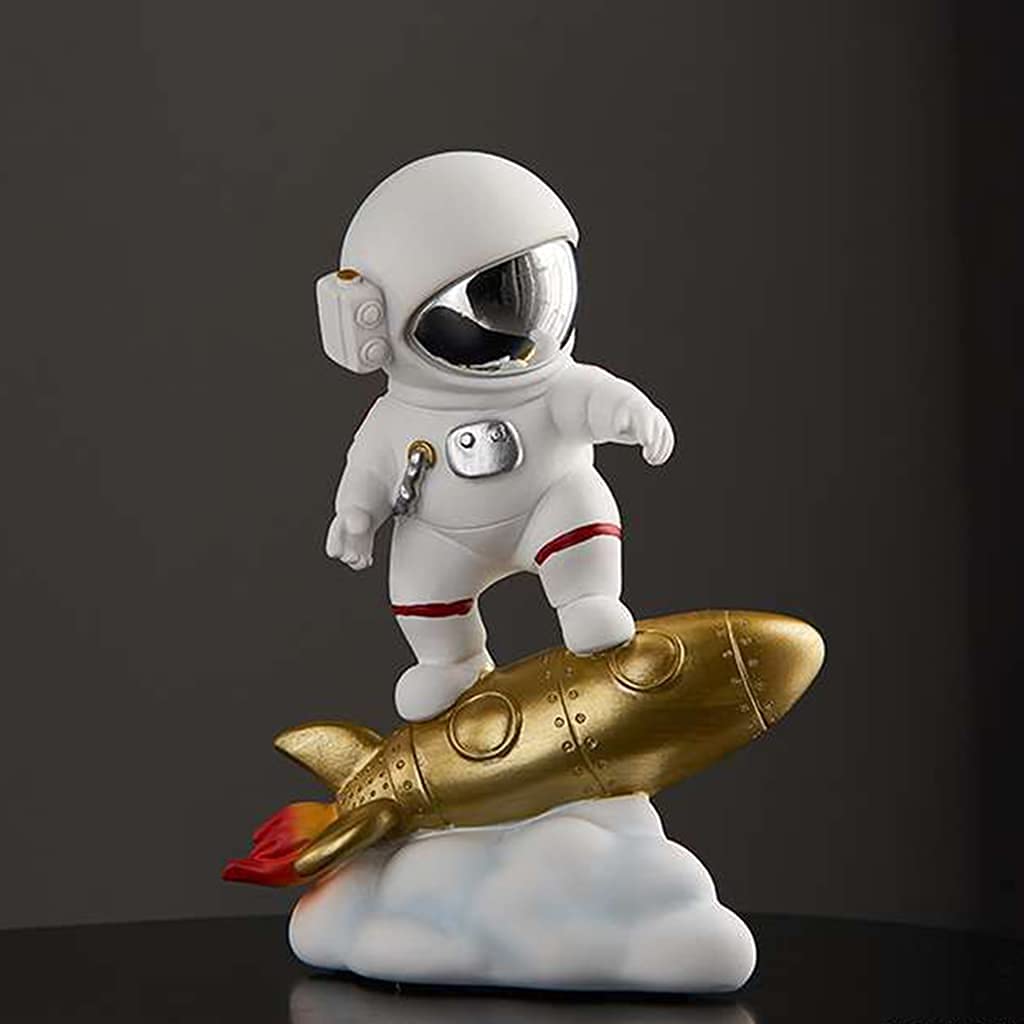 Figura de astronauta de resina, escultura de astronauta, estatua del espacio exterior para decoración del hogar, adorno de oficina, cohete dorado