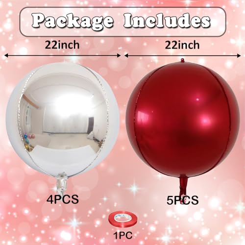Image of 9 Pcs Burgundy Silver Round Foil Balloons Maroon Wine Red Metallic Silver Chrome 4D Ball Balloons 22 In Orbz Mylar Balloon for Graduation Grad Birthday Wedding Anniversary Party Decorations