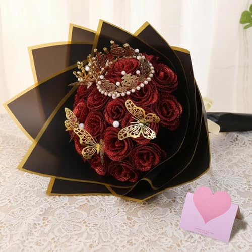 Daywhote Glitter Roses Bouquet 36 Red Artificial Roses with 2 Crowns Pearls Card Paper Ribbon 3 Butterfly Wedding Bouquet of Flowers for Women DIY Present Set