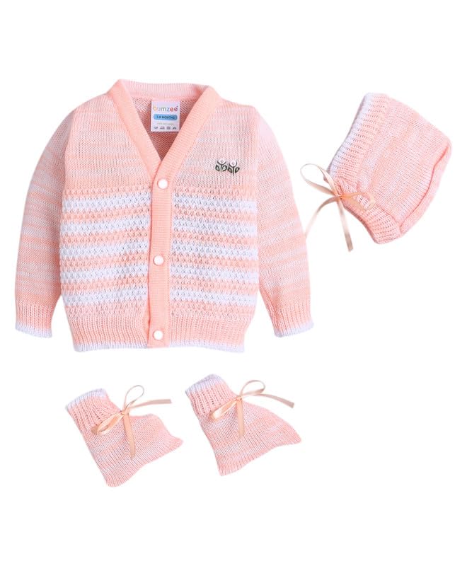 BUMZEE Peach Baby Girls Full Sleeves Woolen Sweater with Cap & Socks (Peb10063)