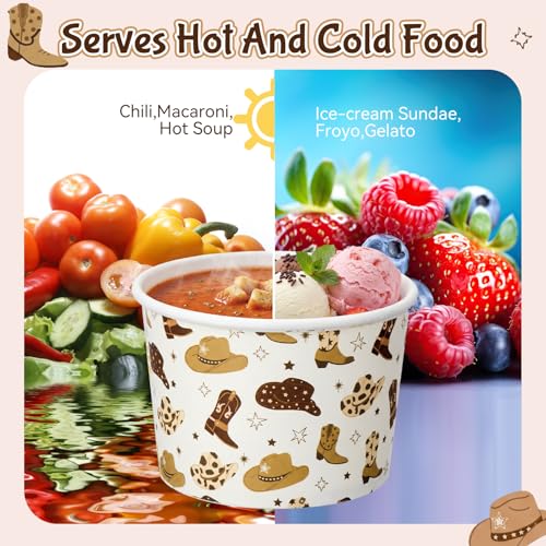 Image of Funnymoom 50 Pack Cowboy Ice Cream Cups 9 oz Western Disposable Dessert Bowls Cowboy Paper Soup Bowls Wild West Snack Cups for Hot or Cold Food for Rodeo Cowgirl Baby Shower Birthday Party Supplies