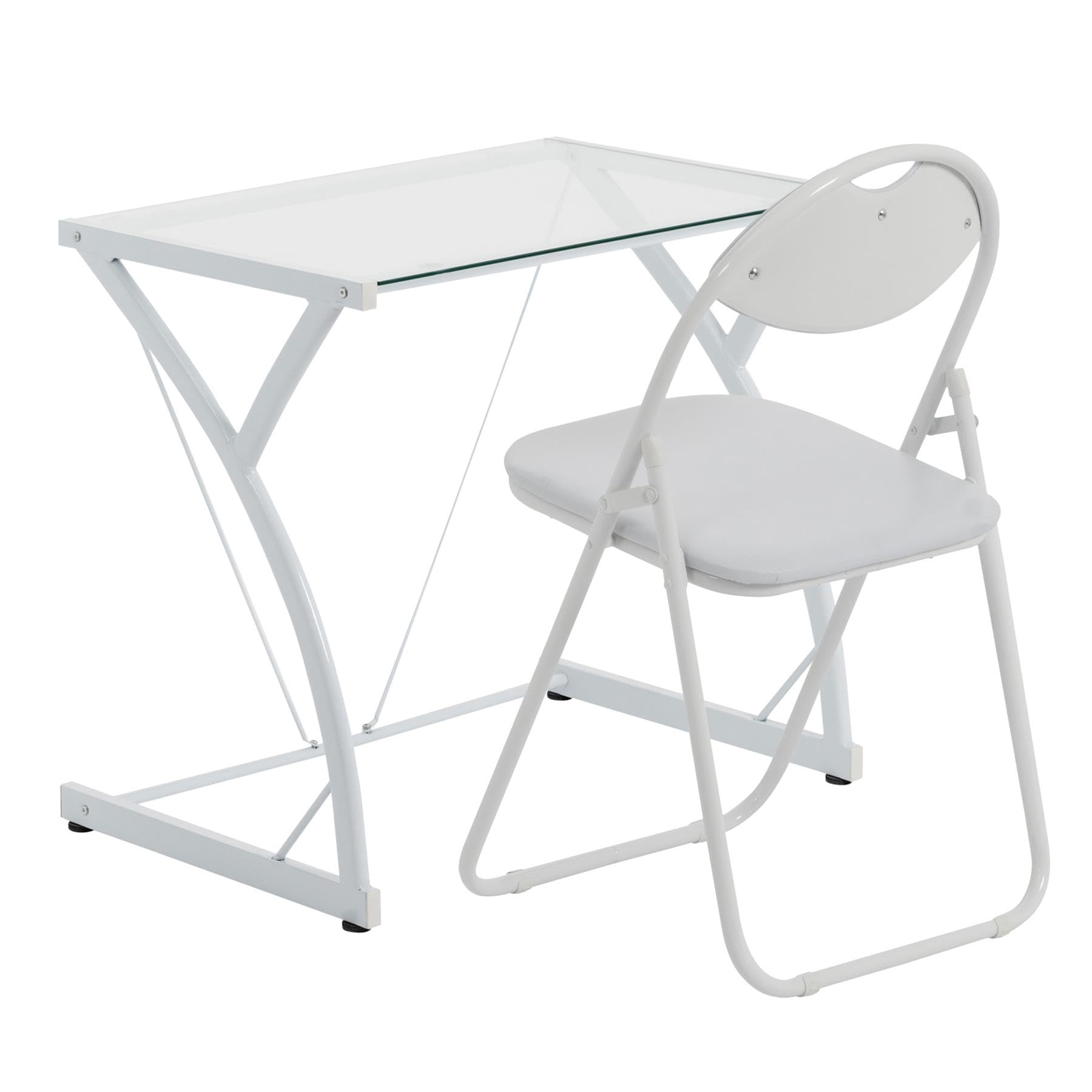 2pc Blanco/Blanco Juego de Escritorio y Silla con Tapa de Vidrio - 80cm x 50cm x 71cm Pequeño Oficina en Casa Dormitorio Juegos de Computadora Estudiar Mesa - Por Harbour Housewares