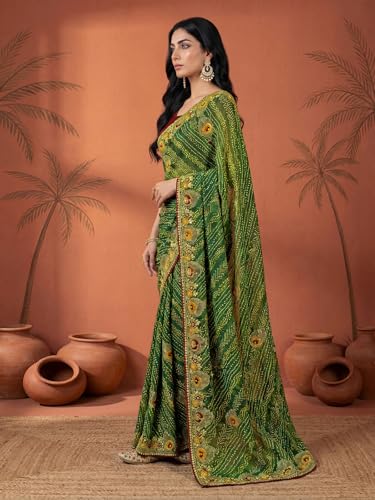 Image of SIRIL Women's Bandhani Printed Embroidery Georgette Saree with Unstitched Blouse Piece