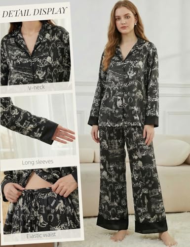 Image of Arssm Satin Pajama Set for Women Silk Pajamas Set 2 Piece Floral Pj Set Long Sleeve Button Down Pjs Sleepwear