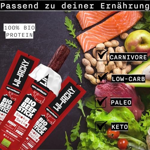 Whacky Bio Beef Sticks – Smoky Swing – Protein Snack aus Rindfleisch – Salami Sticks ohne Zucker – Low Carb, für Fitness, Keto, Outdoor & Unterwegs – Rauchiger BBQ Geschmack (3, Smoky Swing)