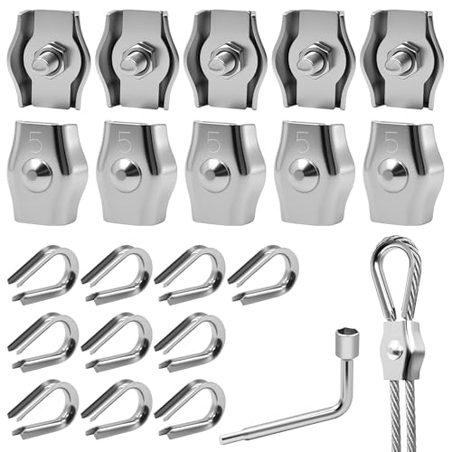 Celepoir 21 Morsetti per Funi Metalliche 5mm, M5 Morsetto Serracavo Set con 10 Morsetti per Filo 5mm, 10 Ditali per Funi 5mm & Chiave, Morsetto Serracavo in Acciaio Inox 304, per Corda per Bucato