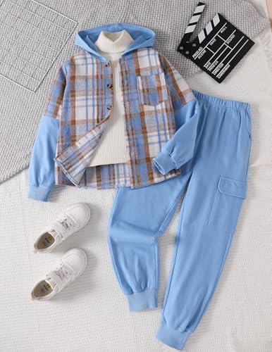 Image of 2Pcs Boys Clothes Sweatsuit Set Hoodie Flannel Plaid Shirt and Jogger Pants for Kids Fall Winter Spring Outfits