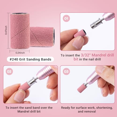 Image of MelodySusie 100 Pcs Nail Drill Bits Sanding Bands for Nail Drill 240 Extreme Fine Grit Nail File Sanding Bands for Acrylic Nails Gel Manicures and Pedicure, Pink