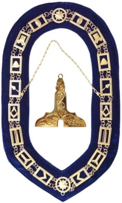 MASONIC BLUE LODGE OFFICER CHAIN COLLAR SENIOR WARDEN MASTER JEWEL - MASONIC REGALIA BLUE LODGE CHAIN COLLAR GOLD CHAIN AND BLUE BACKING