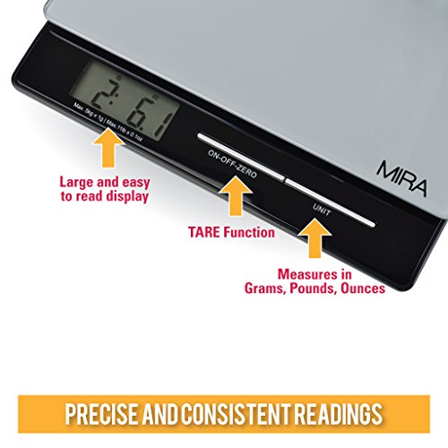 Mira Digital Easy To Use Kitchen Food Scale | Portable Lightweight Slim Food Scale Measures Grams, Pounds & Ounces Glass Platform Multifunction Scale | Tare Function | 11 Lb Capacity #TOP2