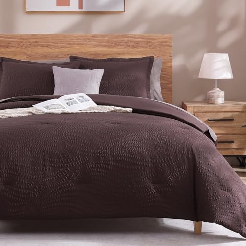Image of King Size Comforter Set- 7 Pieces Purple Bed in a Bag King Bedding Sets | All Season Soft Botanical Textured Comforter Bed set with Sheets, Pillowcases & Shams