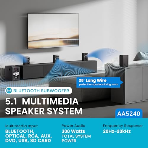 Image of Acoustic Audio by Goldwood AA5240 Home Theater 5.1 Bluetooth Speaker System with USB and SD Inputs, Black