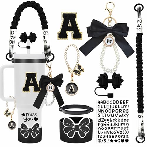 8Pcs Black Stanley Cup Accessories: Silicone Boot Straw Topper Charms & Handle Strap. Fits Quencher H2.0 30oz/40oz IceFlow 20oz/30oz. Minimalist black cup decor for men & women. (A Black Midnight)