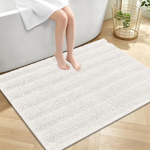 Image of OLANLY Thick Large Bathroom Rugs 40x32, Extra Soft Absorbent Chenille Striped Bath Rugs, Rubber Backing, Machine Wash Dry, Bath Mats for Bathroom Floor, Tub and Shower, Home Decor Accessories, Ivory