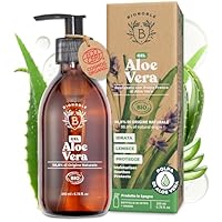 BIONOBLE Gel Aloe Vera Puro Biologico 97% con Olio Essenziale di Lavanda – Idrata e Lenisce – Aloe Vera Gel Puro per Capelli, Crema Pura Viso, Acne, Corpo, Doposole – Bottiglia di Vetro, Pompa – 200ml