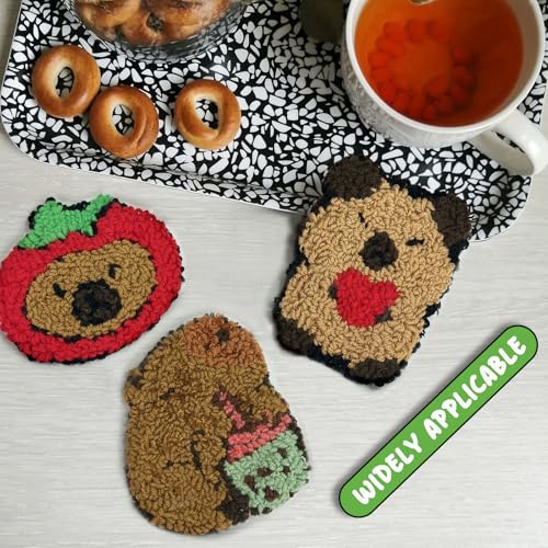 Image of 6pcs Capybara Punch Needle Coasters Kit for Beginners, Easy Art Work Embroidery Kit Latch Hook Kits for Adults, DIY Rug tufting kit with Adhesive Felt Yarns Hoop Instruction